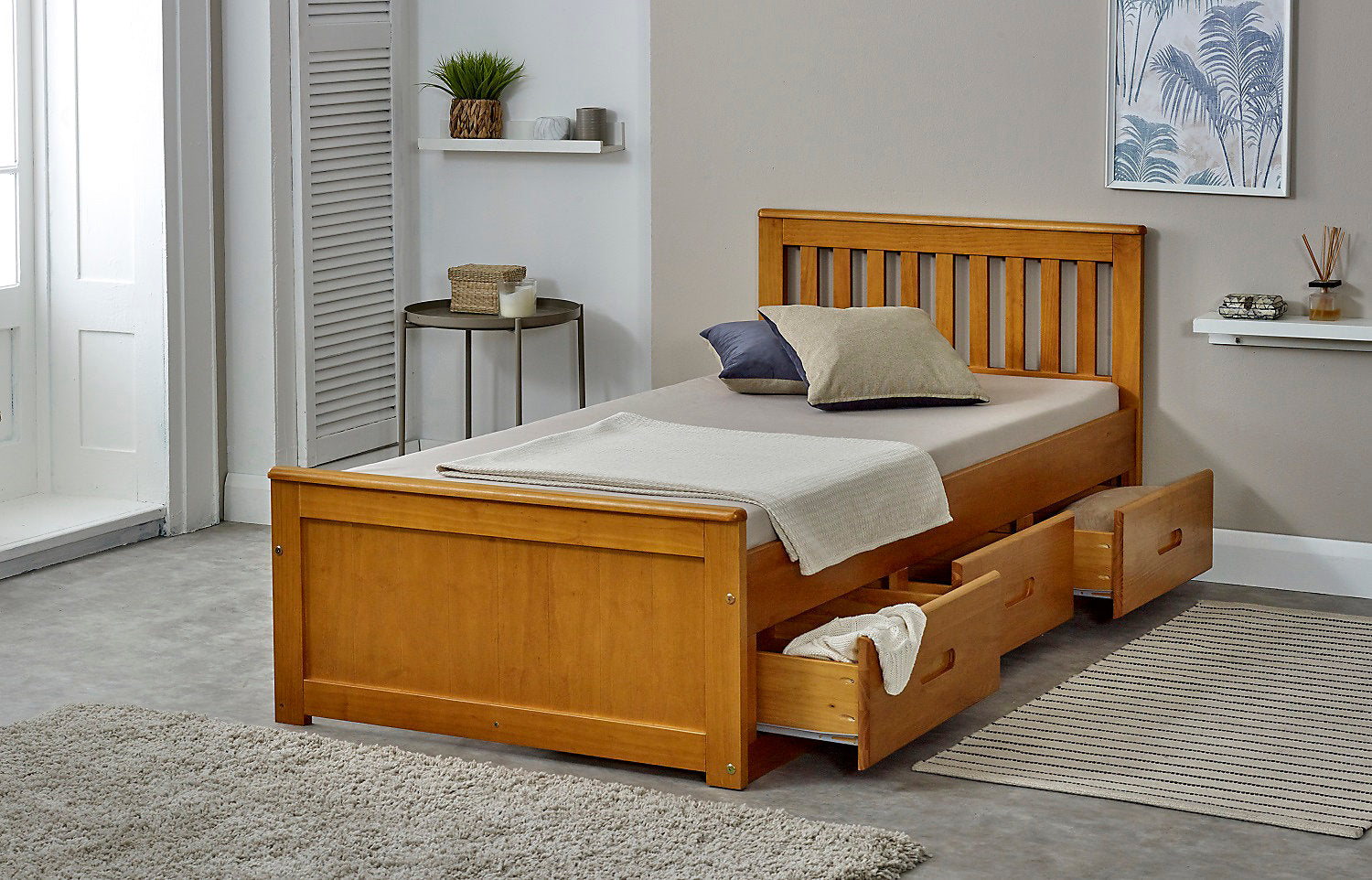 Solid Wooden Storage Bed Frame 3ft Single - Honey