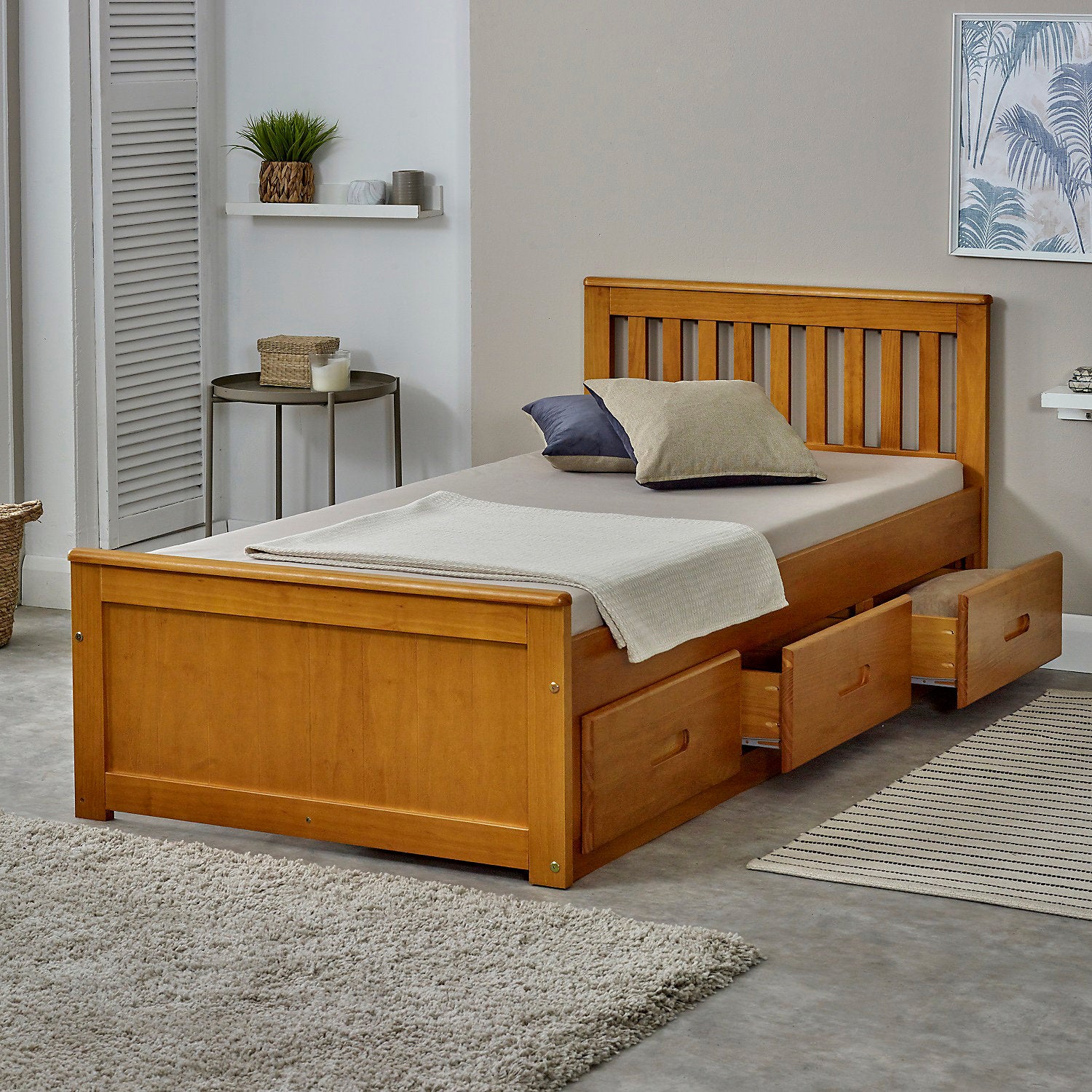 Solid Wooden Storage Bed Frame 3ft Single - Honey