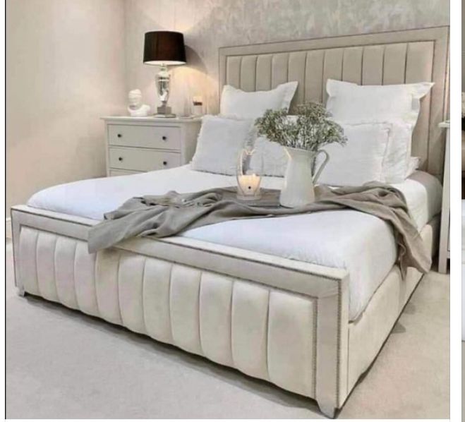 Luxury Upholstered Panel Bed Frame – Soft Cream with ottoman Storage