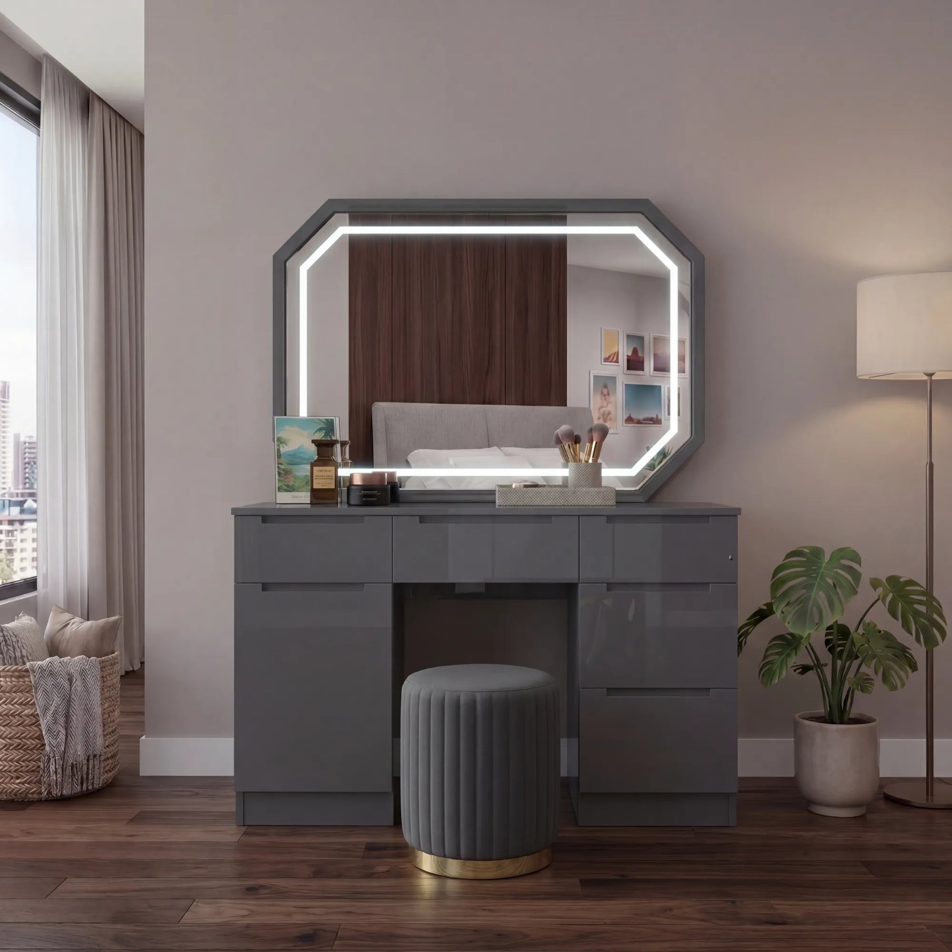 Rectangle mirror shape dressing table with sitting stool