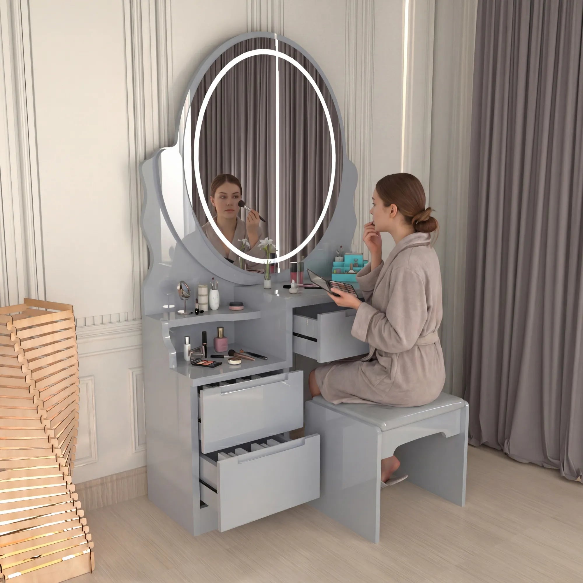 Naomi Dressing table-Full High Gloss | LED Mirror | Padded Stool