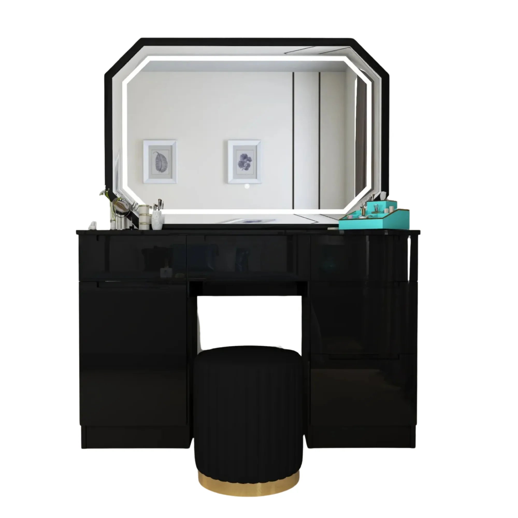 Ben High Gloss dressing table -Full High Gloss | LED Mirror | Padded Stool