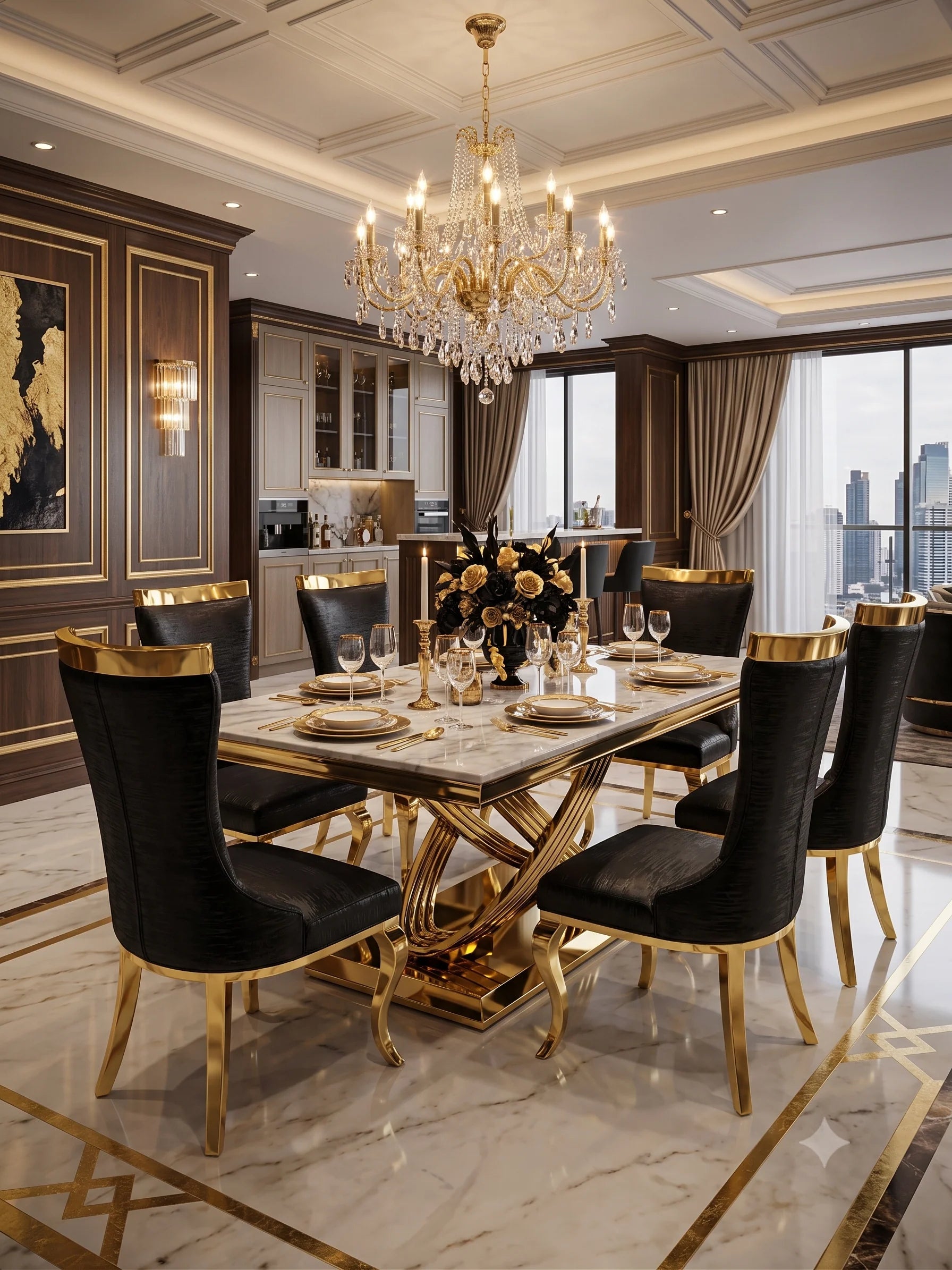 Elina 180cm Gold Marble Dining Table with chairs