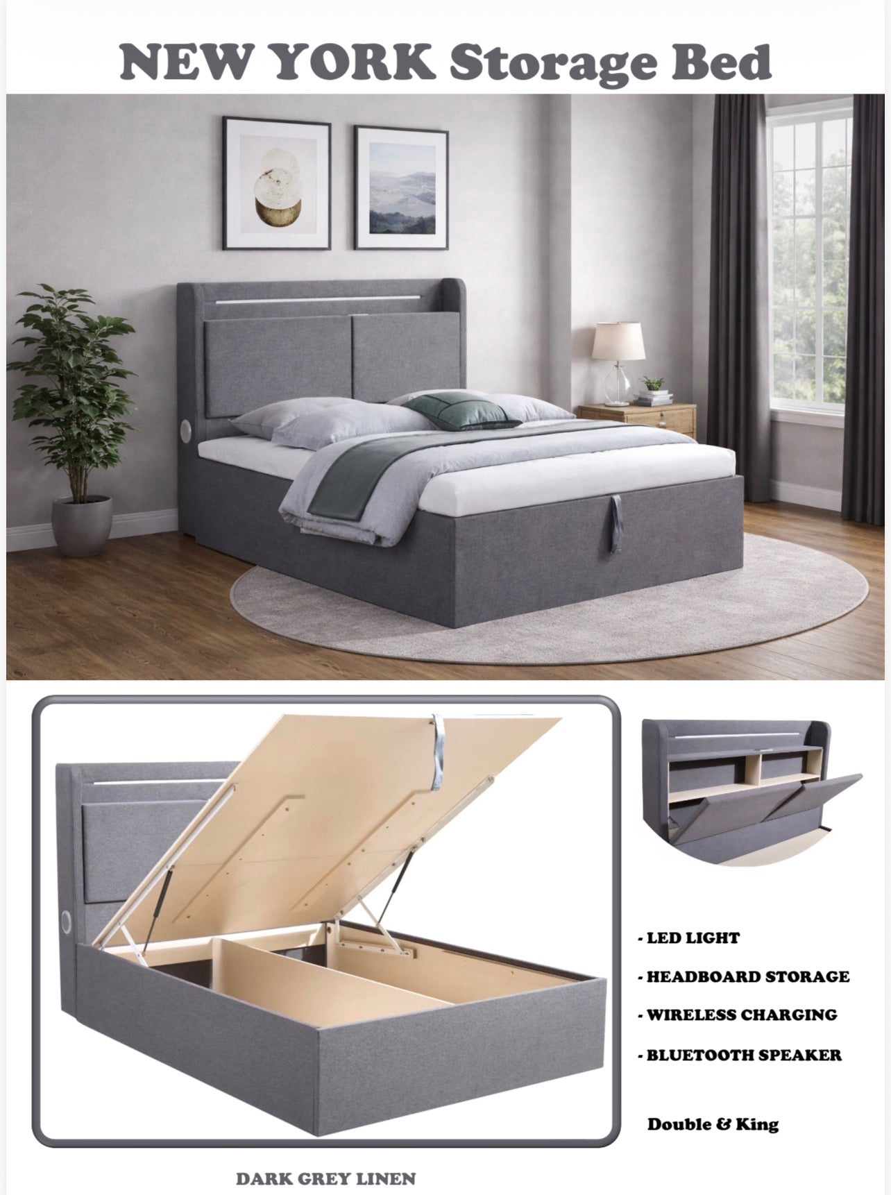 New York wooden and fabric storage bed with led light and speaker