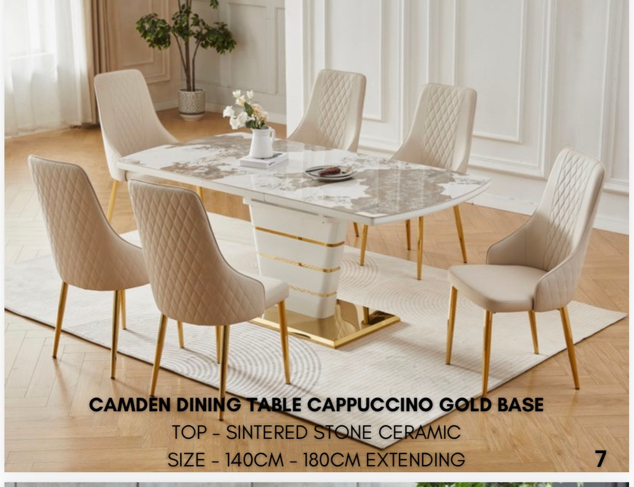 Extended table with gold base with 6 chairs