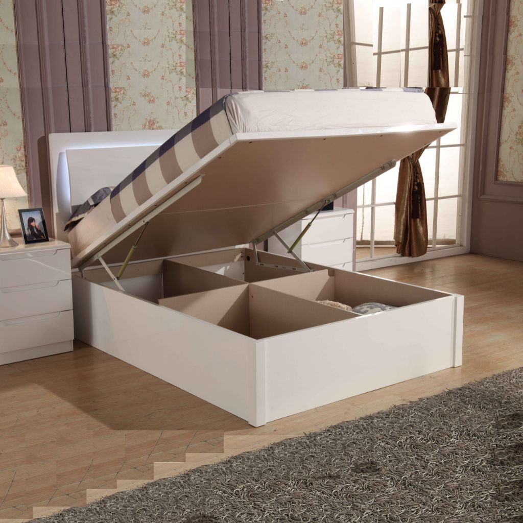 Slim headboard with led light wooden storage bed