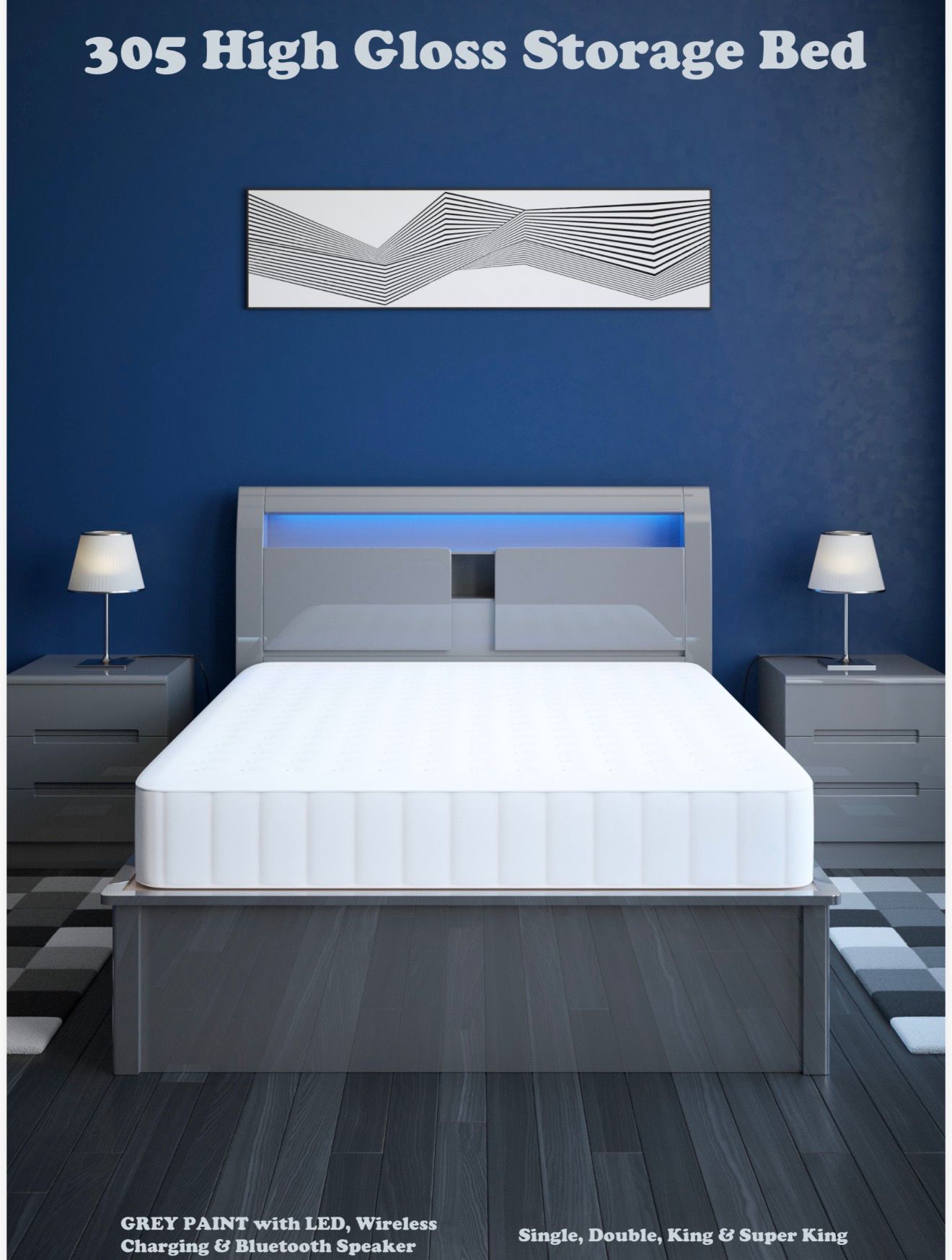 Grey High Gloss Wooden storage bed and bed side