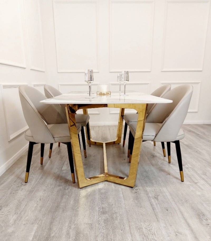 Lucien 180cm Gold Dining Table with Pandora Gold Sintered Stone Top + 6 Astra Leather Chairs