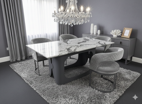 Lina Grey Marble Dining Table with six chairs