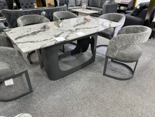 Lina Grey Marble Dining Table with six chairs