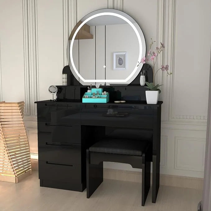 Nova Dressing table -Full High Gloss | LED Mirror | Padded Stool Color