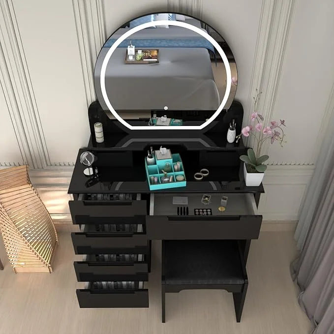 Nova Dressing table -Full High Gloss | LED Mirror | Padded Stool Color