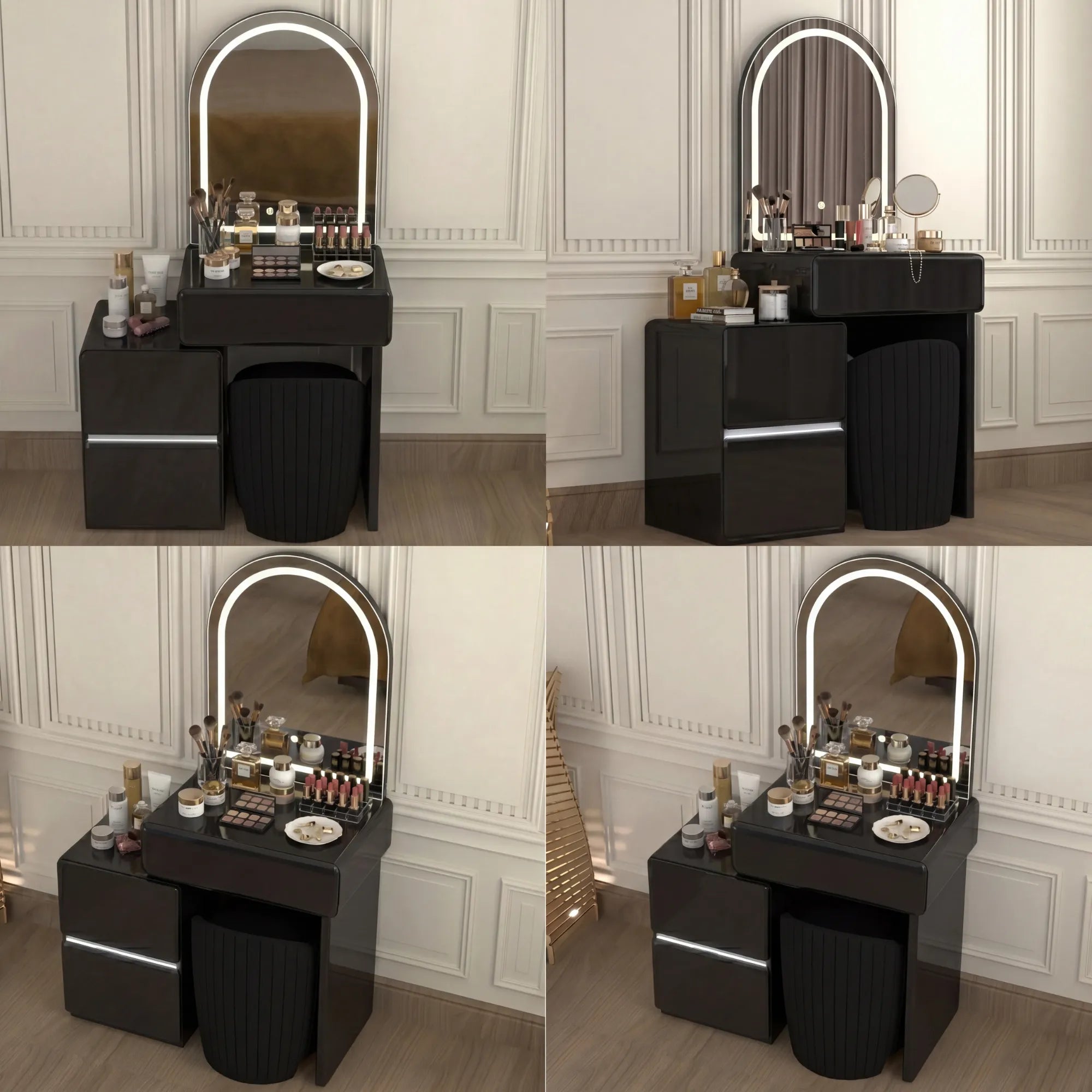 Aviva high gloss dressing table -Full High Gloss | LED Mirror | Padded Stool | LED Drawers |