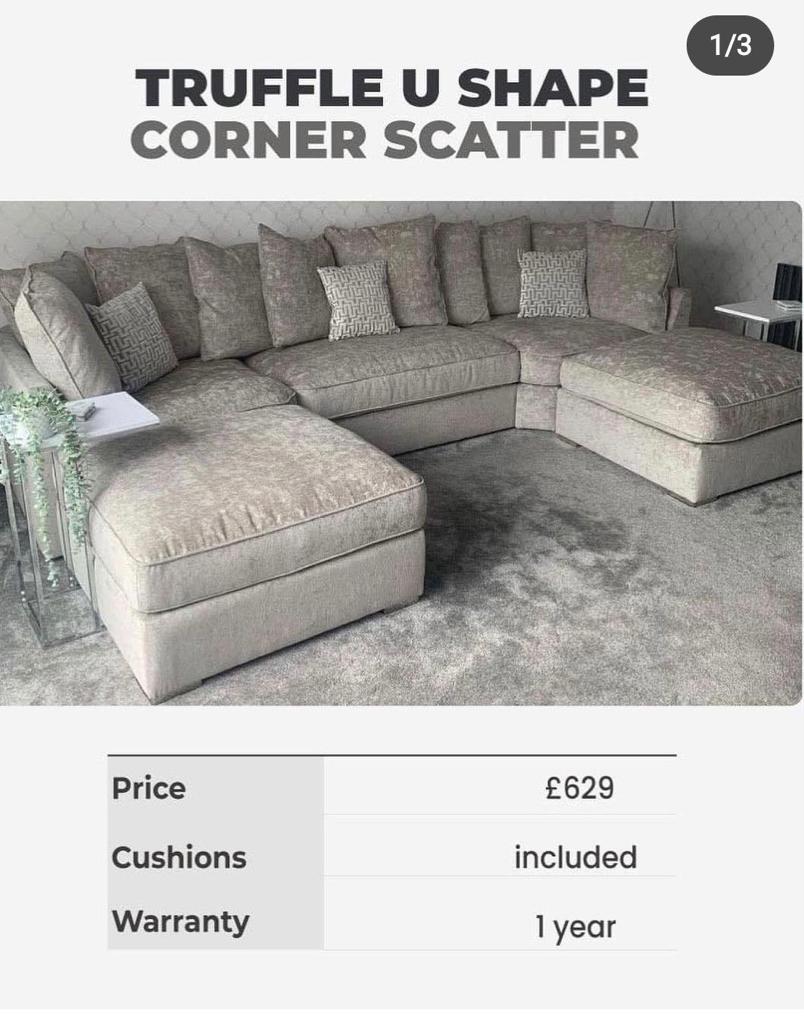 U shape corner sofa scatter back (truffle colour, grey, cream)