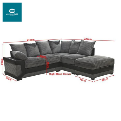 Large corner sofa  jumbo cord  foam filled seats for comfort (right arm side)