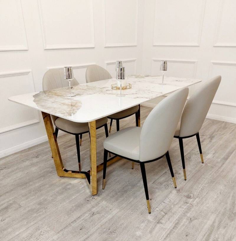 Lucien 180cm Gold Dining Table with Pandora Gold Sintered Stone Top + 6 Astra Leather Chairs