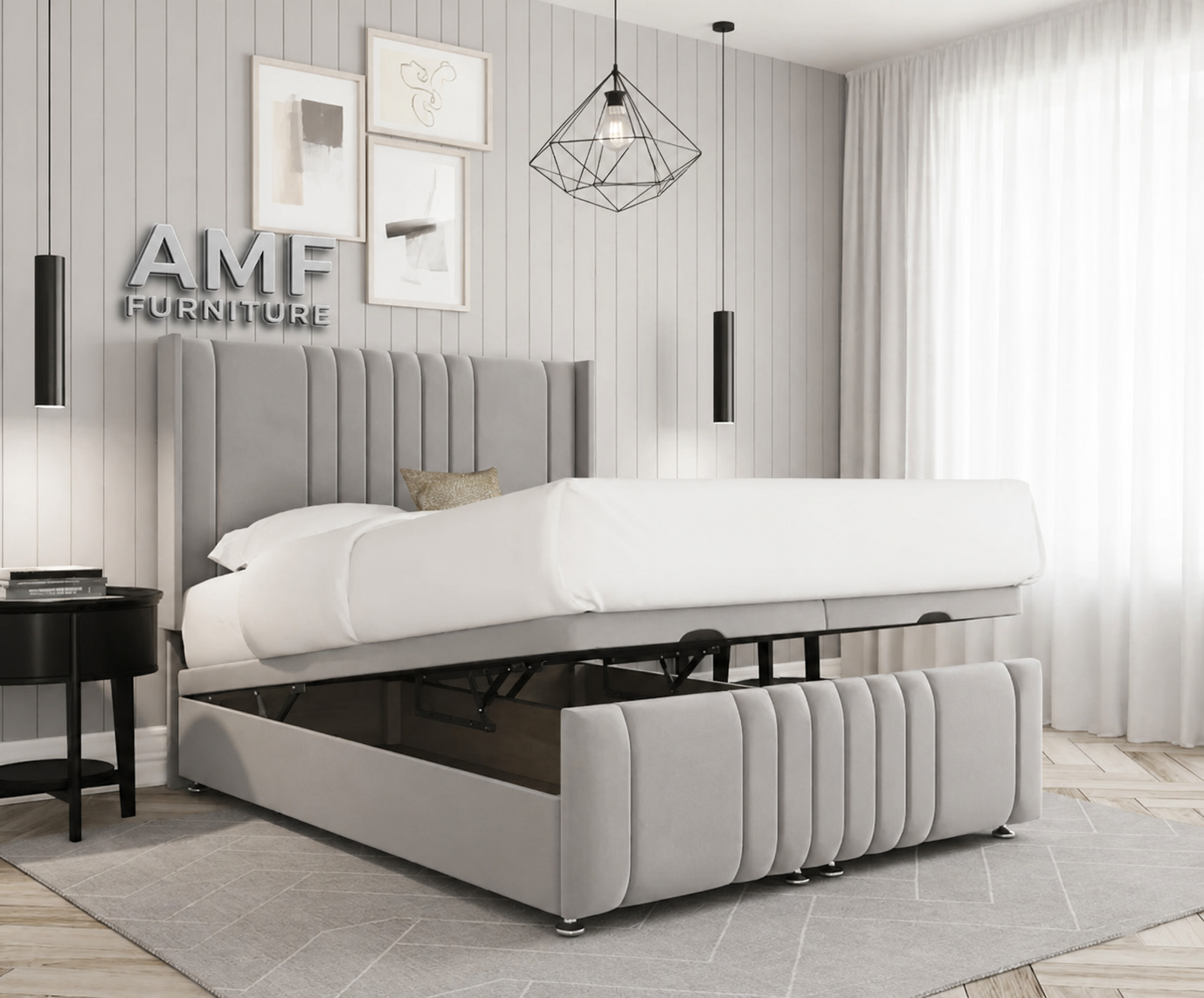 Light grey bed with storage
