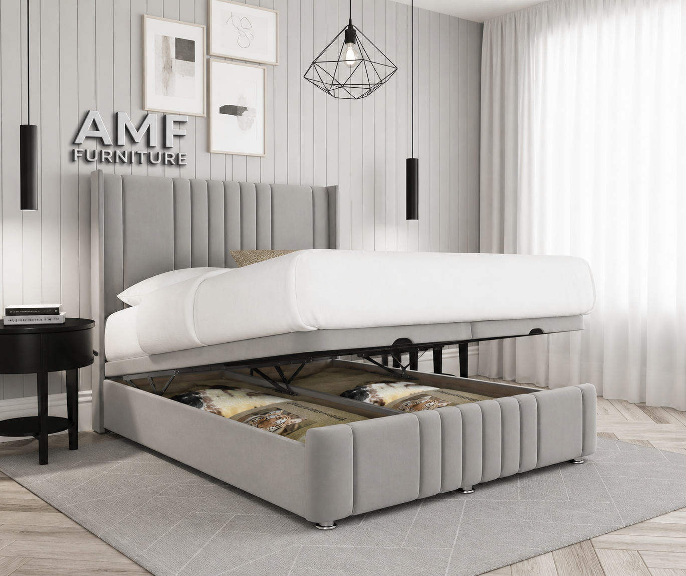 Light grey bed with storage