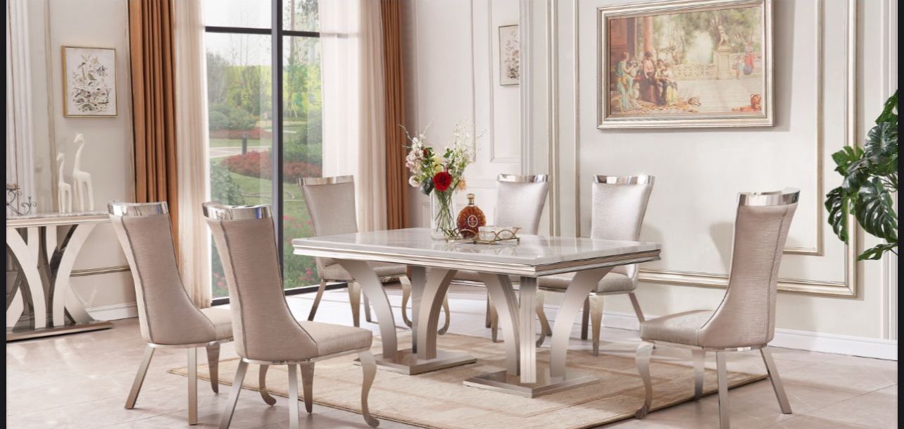Smantha marble dining table with six chairs