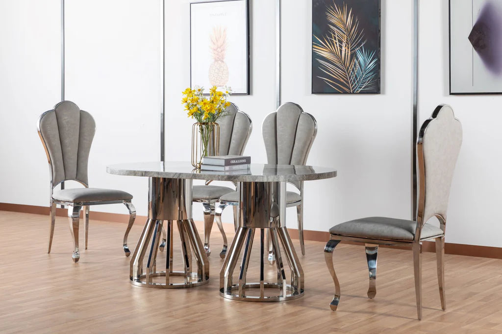 Lorcan dining  table  high gloss with chrome legs  with four chairs
