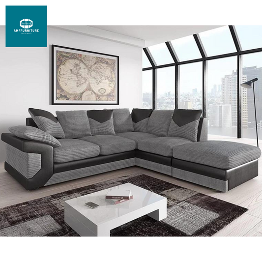 Large corner sofa  jumbo cord  (grey and black )foam filled seats for comfort (right arm side)