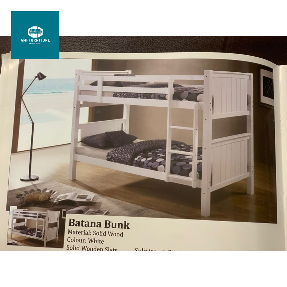 Single wooden bunk bed with mattresses